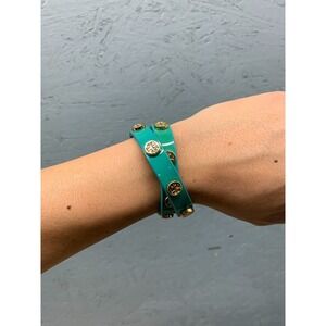 Tory Burch Turquoise Double‎ Wrap 6.5" Enamel Gold Studded Leather Bracelet USA